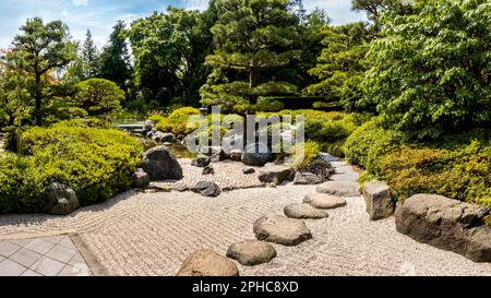 Panoramablick auf den ruhigen japanischen Garten im Loki-Schmidt-Garten, Hamburg, mit einem ruhigen Teich umgeben von gepflegten Bäumen. Stockfoto