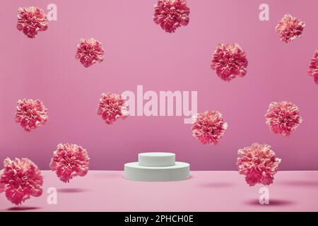 Podium für Präsentationsprodukte und Kosmetika mit Blumen Stockfoto
