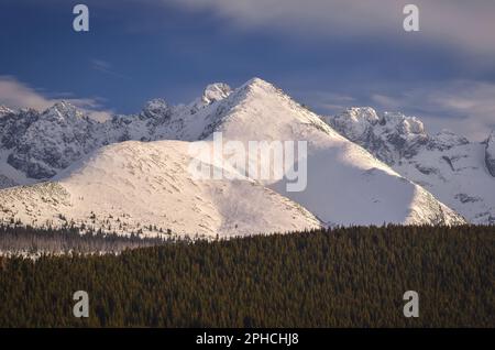 Wunderschöner abendlicher Blick auf die schneebedeckten Berge. Blick auf die Berggipfel vom Gipfel Wielki Kopieniec in der polnischen Tatra. Stockfoto