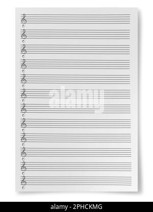 Leeres Blatt Musikkomposition Manuskript Personal isoliert auf weißem Hintergrund Stockfoto