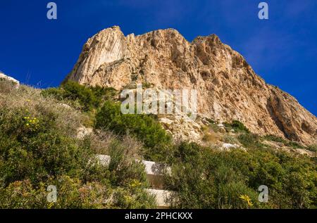 Peñón de Ifach ist ein riesiger Kalksteinfelsen auf einer Landzunge in Calpe, Spanien Stockfoto