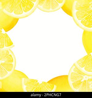 Handgezeichneter runder Rahmen aus Aquarell-Zitrone. Aquarell-Illustrationskranz der Zitrone. Kann als Grußkarte für Hintergrund, Geburtstag, Mutter verwendet werden Stockfoto