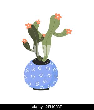 Hauspflanze im Tontopf. Urbaner Dschungel. Grüner Kaktus im Topf. Heimischer Sukkulent in Blume Stock Vektor