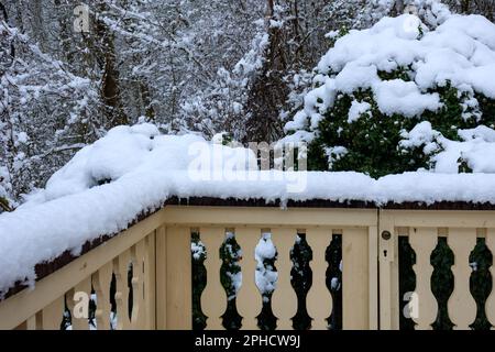 Schneebedeckter weißer Holzzaun im Wald Stockfoto