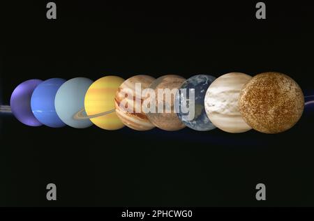 Schematische Darstellung der Planeten unseres Sonnensystems Stockfoto