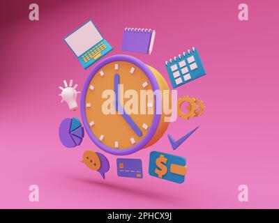 Zeitmanagementkonzept mit Uhr und Kreisdiagramm, Laptop, Kalender, Notizblock, Ausrüstung, Geldbörse, Kreditkarte, Chat-Symbol, Glühbirne. Geschäftsanalyse. perspektiv Stockfoto