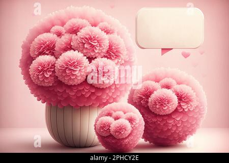 Rosa flauschige Blumen in Herzform, kleine Herzen auf hellem Hintergrund. Festliches Layout für Muttertag, Geburtstag, Hochzeit Stockfoto