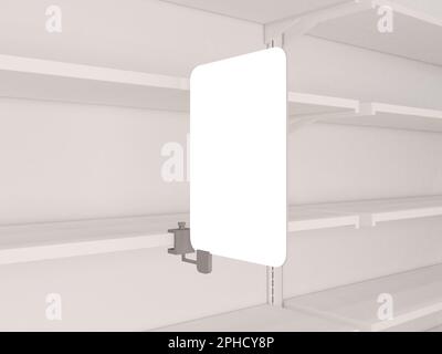 Leeres Regal mit leerem Banner für Werbung oder Preisanzeige. Rechteckiger Regalstopper Mit Platz Für Branding. 3D-Rendering-Abbildung. Stockfoto