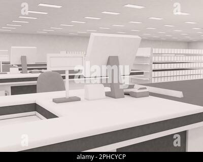 Lebensmittelgeschäft, Supermarkt, Kassierer, Kassenschalter mit Kartenzahlterminal, Bestellbildschirm. Rückansicht. 3D-Rendering-Abbildung. Stockfoto