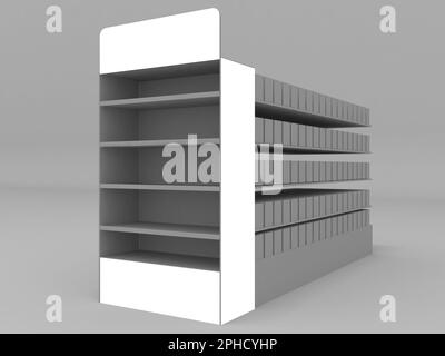 Supermarkt-Gang mit Regalen und Produkten. 3D-Rendering-Abbildung Stockfoto