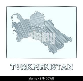 Skizzenkarte von Turkmenistan. Von Hand gezeichnete graue Landkarte des Landes. Gefüllte Regionen mit Hachure-Streifen. Vektorabbildung. Stock Vektor