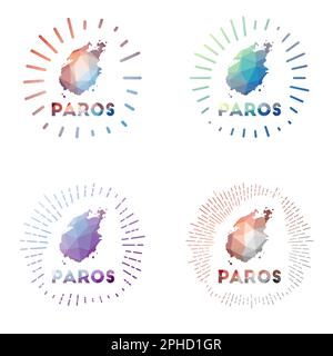 Paros Low Poly Sunburst Set. Logo der Insel im geometrischen polygonalen Stil. Vektorabbildung. Stock Vektor