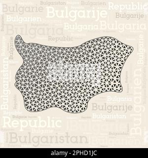 Kartendesign für Bulgarien. Ländernamen in verschiedenen Sprachen und Kartenform mit geometrischen niedrigen Poly-Dreiecken. Fantastische Vektor-Illustration von Bulgarien. Stock Vektor