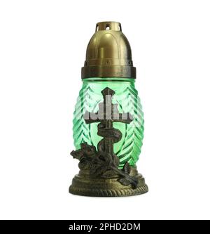 Grünes Grablicht isoliert auf weiß. Symbol des Gedenkens Stockfoto