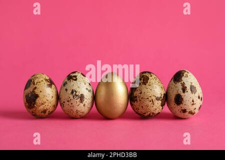 Goldene und gewöhnliche Wachteleier auf rosa Hintergrund Stockfoto