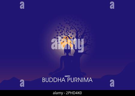 Abbildung der buddhistischen Meditation unter einem Baum, nachts, mit klarem Mondblick, für das buddhistische Festival, Happy Buddha Purnima Vesak, Poster, Banner, Stock Vektor