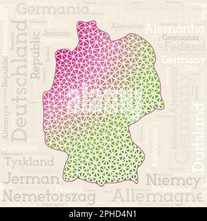 Kartendesign Deutschland. Ländernamen in verschiedenen Sprachen und Kartenform mit geometrischen niedrigen Poly-Dreiecken. Erstaunliche Vektor-Illustration Deutschlands. Stock Vektor