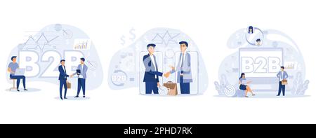 B2B : Business-to-Business. Erfolgreiche geschäftliche Zusammenarbeit. Kleine Geschäftsleute treffen eine Vereinbarung. Marketingstrategie, Handel, Flachvektor m festlegen Stock Vektor