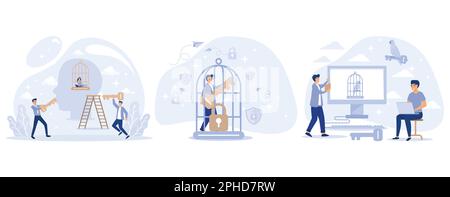 Freiheitskonzept. Psychologisch gesehen. Innerer Knast. Winzige Leute treten aus dem Käfig. Сomfort-Zone-Metapher. Persönliche Entwicklung, Flachvektor m setzen Stock Vektor