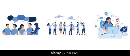 Geschäftsleute diskutieren soziale Netzwerke, Chats, Videos, Nachrichten, Nachrichten, Website, Freunde suchen, mobiles Internet, Workaholic Workplace Stress Management, Set Flat V Stock Vektor