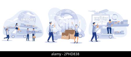 Konzept importieren und exportieren. Globaler Handel. Logistikgeschäft. Winzige Menschen Geschäftsmann verkauft Waren und Dienstleistungen weltweit, legt flachen Vektor moderne Illustration Stock Vektor