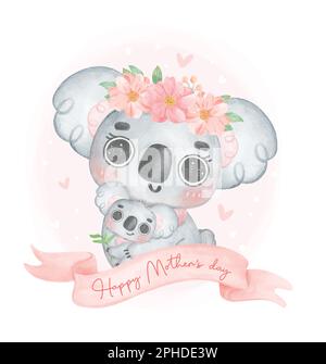 Süße Unschuld Australien Koala Mutter und Baby umarmen sich in rosa Banner Happy Mother's Day, Kinderzimmer Aquarell Tierfilm Handmalerei Stock Vektor