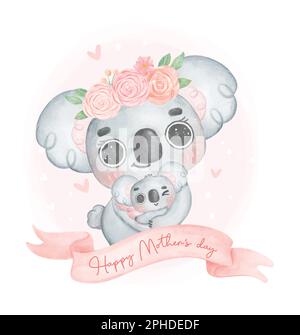 Kawaii Innocence Australien Koala Mutter und Baby umarmen sich in rosa Banner Happy Mother's Day, Kinderzimmer Aquarell Tierskarikatur Handmalerei Stock Vektor