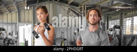 Fitnessstudio Paar fit Menschen trainieren zusammen Banner Panorama von asiatischen Frauen und kaukasischen Männern, die Hanteln heben Stockfoto