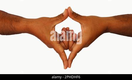 Handmudras. Es umfasst solche Mudras, Yoni Mudra. Gesten werden auf weißem Hintergrund isoliert. Stockfoto