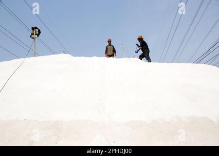 LIANYUNGANG, CHINA - 28. MÄRZ 2023 - Arbeiter arbeiten auf dem Dapu-Salzfeld in Lianyungang, Ost-Chinas Provinz Jiangsu, 28. März 2023. Stockfoto