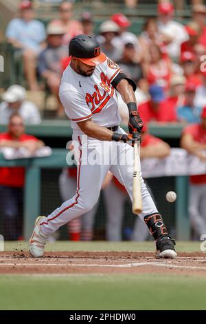 27. März 2023; Sarasota FL USA; Baltimore Orioles Right Fielder Anthony Santander (25) trifft während eines MLB-Frühjahrstrainings ein Double-to-Left-Spiel Stockfoto