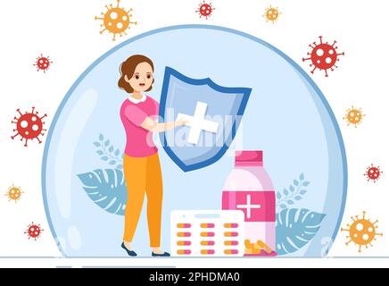 Immunologie Illustration mit Menschen Immunschutz System hilft, Infektionen und schädliche Bakterien in Cartoon Hand Drawn Templates loszuwerden Stock Vektor