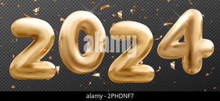 3D goldene 2024-Nummern für Grußkarte oder Banner „Frohes Neues Jahr“. Partyvorlage mit glänzenden goldenen Ballons in Form von Jahreszahl und Konfetti, Vektor-realistische Illustration Stock Vektor