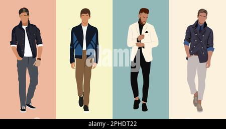 Mode-Männer in modernen, trendigen Outfits. Stock Vektor