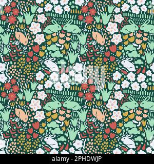 Nahtlose Kaninchen- und Blumenvektormuster Stock Vektor