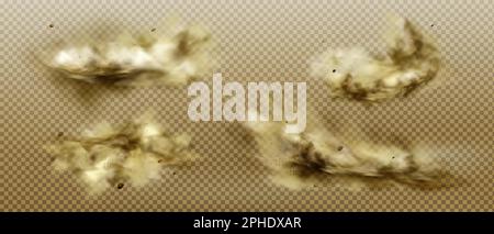 Wüstensandsturm, braune staubige Wolke oder trockener Sand mit Windböen, große Explosion realistische Textur mit kleinen Partikeln oder Körnern Vektordarstellung isoliert auf transparentem Hintergrund Stock Vektor