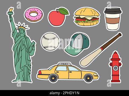 Satz Aufkleber für die USA. Symbole der Vereinigten Staaten von Amerika. Vektordarstellung für Poster, Tourismus, Reisen, Festtage oder Urlaub. Stock Vektor