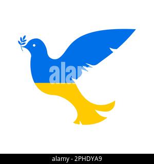 Taube mit Zweig in Farben der ukrainischen Nationalflagge auf weißem Hintergrund, Illustration Stockfoto