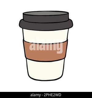 Papptasse Kaffee zum Mitnehmen, farbiges Doodle-Symbol auf weißem Hintergrund, Vektorzeichnung. Stock Vektor