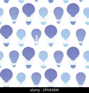 Nahtloses Vektormuster mit blauen Silhouetten von Heißluftballons auf weißem Hintergrund. Textur mit klassischen Flughilfen. Hintergrund für Fabri Stock Vektor