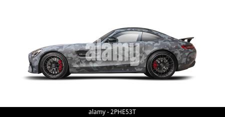 Mercedes-Benz AMG GT, Seitenansicht isoliert auf weißem Hintergrund Stockfoto