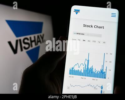 Person, die ein Smartphone mit einer Webseite des US-Unternehmens Vishay Intertech Inc. Auf dem Bildschirm vor dem Logo hält. Konzentrieren Sie sich auf die Mitte des Telefondisplays. Stockfoto