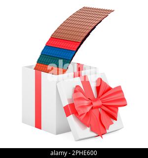 Dachziegel in Farbe Metall in Geschenkbox, Geschenk-Konzept. 3D-Rendering auf weißem Hintergrund isoliert Stockfoto