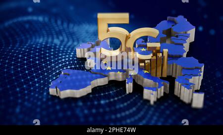 5G-Text auf der Karte „Europa“ mit EU-Flagge. 3D Abbildung. Stockfoto