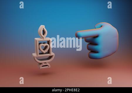 Schöne Illustrationen Abstrakter Zeigefinger zeigt auf Kerze mit Herzsymbol auf mehrfarbigem hellen Hintergrund. 3D-Rendering-Illustration Stockfoto