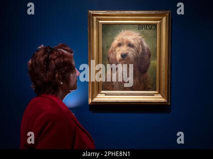 The Wallace Collection, London, Großbritannien. 28. März 2023. Faithful and Fearless: Portraits von Hunden von Gainsborough bis zur Hockney-Ausstellung (29. März bis 15. Oktober) untersuchen unsere Hingabe an vierbeinige Freunde über die Jahrhunderte. In 59 sorgfältig ausgewählten Gemälden, Skulpturen, Zeichnungen, Kunstwerken und sogar Tierpräparaten hebt die Ausstellung die einzigartige Verbindung zwischen Menschen und ihren Hundebegleitern hervor. Motiv: Rosa Bonheur, Brizo, A Shepherd's Dog, 1864. Kredit: Malcolm Park/Alamy Live News Stockfoto