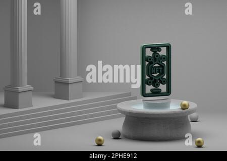 Wunderschöne abstrakte Abbildungen Grünes NFT-Smartphone-Symbol auf einem Brunnen- und Säulenhintergrund. 3D-Rendering-Abbildung. Stockfoto