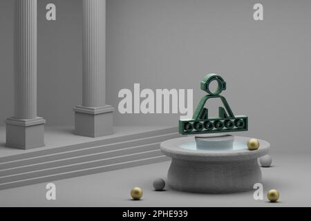 Wunderschöne abstrakte Illustrationen musikalischer DJ mit Kopfhörersymbol auf einem Brunnen- und Säulenhintergrund. 3D-Rendering-Abbildung. Stockfoto