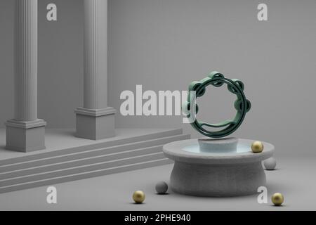 Wunderschöne abstrakte Illustrationen musikalisches Symbol für Big Tambourine auf einem Brunnen- und Säulenhintergrund. 3D-Rendering-Abbildung. Stockfoto