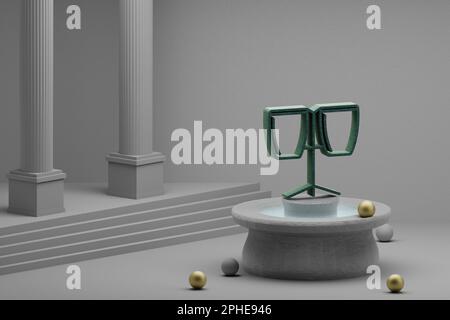 Wunderschöne abstrakte Illustrationen mit musikalischen zwei Bongos-Symbolen auf einem Brunnen- und Säulenhintergrund. 3D-Rendering-Abbildung. Stockfoto